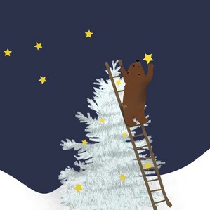 dessin d'un ours qui accroche une étoile sur un sapin