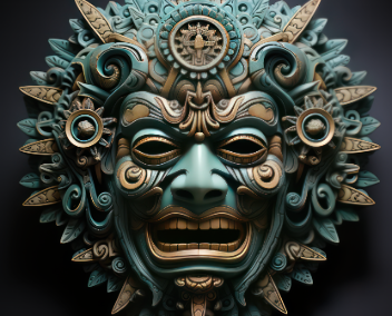 Masque orné de motifs géométriques et organiques, avec un visage expressif et menaçant. Les couleurs bleu-vert et dorées inspirent l'art ancien.